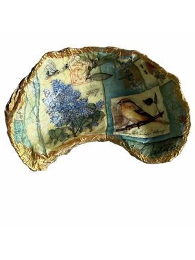 Handcrafted Gold Leaf Shell Trinket Dish Bird Floral Design 4.5x2.5